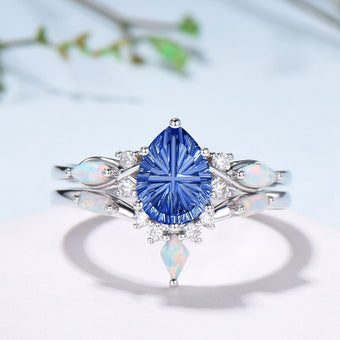 Vintage Starburst Cut Blue Sapphire Wedding Ring Set Pear Shaped July Birthstone Engagement Ring Set Unique Cluster Opal Wedding Set
