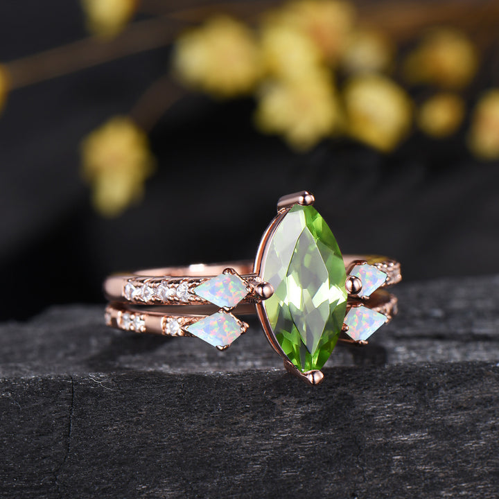 1CT Natural Marquise Cut Peridot Engagement Ring Set, Three Stone August Birthstone Opal Wedding Ring Set, Pave Diamond Stacking Band