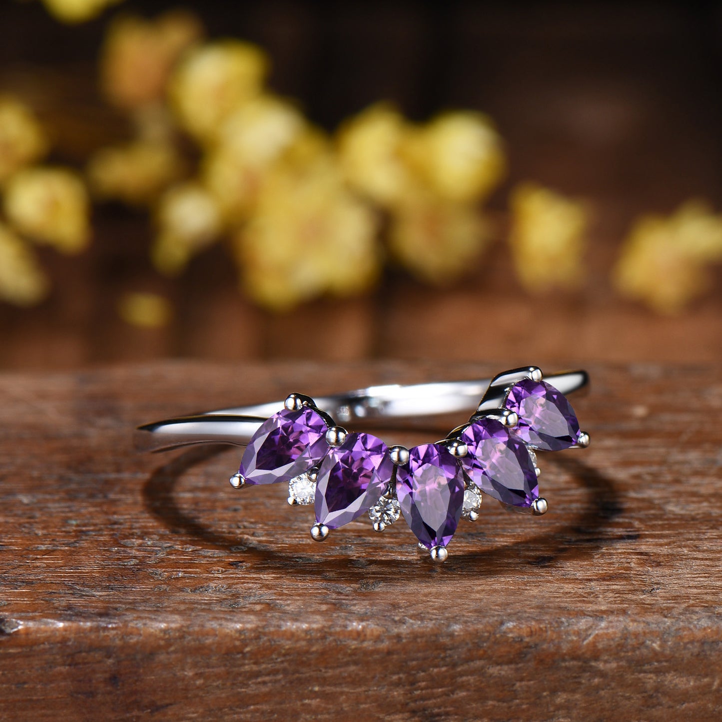 Vintage Amethyst Five Stone Curved Wedding Band, 14K Rose Gold Stacking Ring