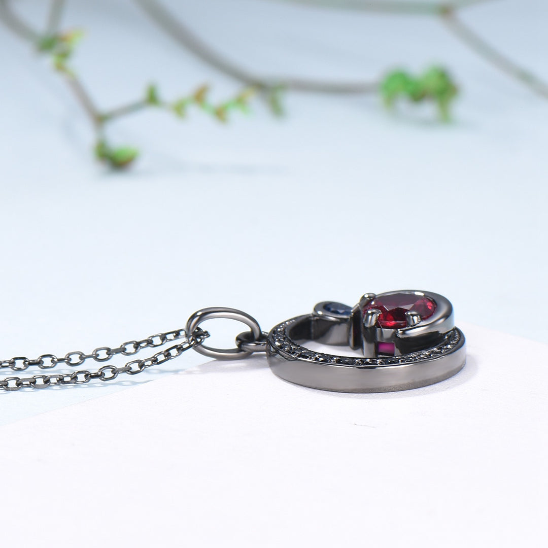 Unique Black Gold Ruby Necklace Magic Crescent Moon Ruby Sapphire Pendant Necklace Magic Crescent Moon Gothic Anniversary Gift for Daughter - PENFINE