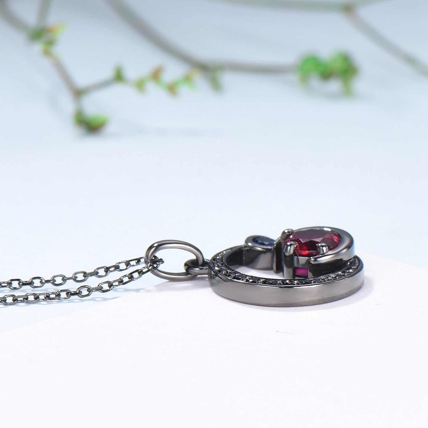 Unique Black Gold Ruby Necklace Magic Crescent Moon Ruby Sapphire Pendant Necklace Magic Crescent Moon Gothic Anniversary Gift for Daughter - PENFINE