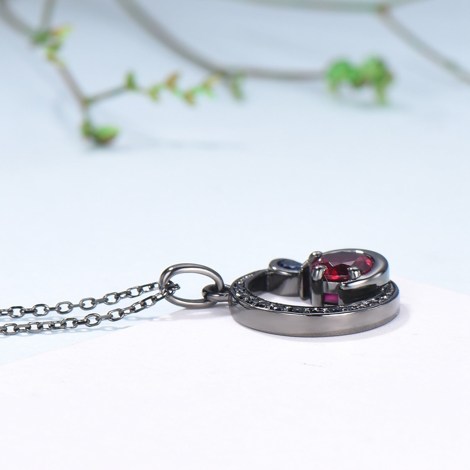 Unique Black Gold Ruby Necklace Magic Crescent Moon Ruby Sapphire Pendant Necklace Magic Crescent Moon Gothic Anniversary Gift for Daughter - PENFINE