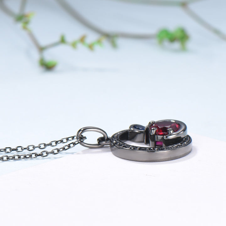 Unique Black Gold Ruby Necklace Magic Crescent Moon Ruby Sapphire Pendant Necklace Magic Crescent Moon Gothic Anniversary Gift for Daughter - PENFINE