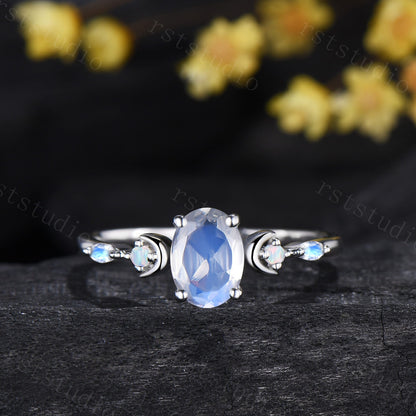 Vintage 1.5CT Oval Moonstone Engagement Ring Set Marquise Moonstone Opal Moon Wedding Ring Set Art Deco Stacking Anniversary Ring For Women