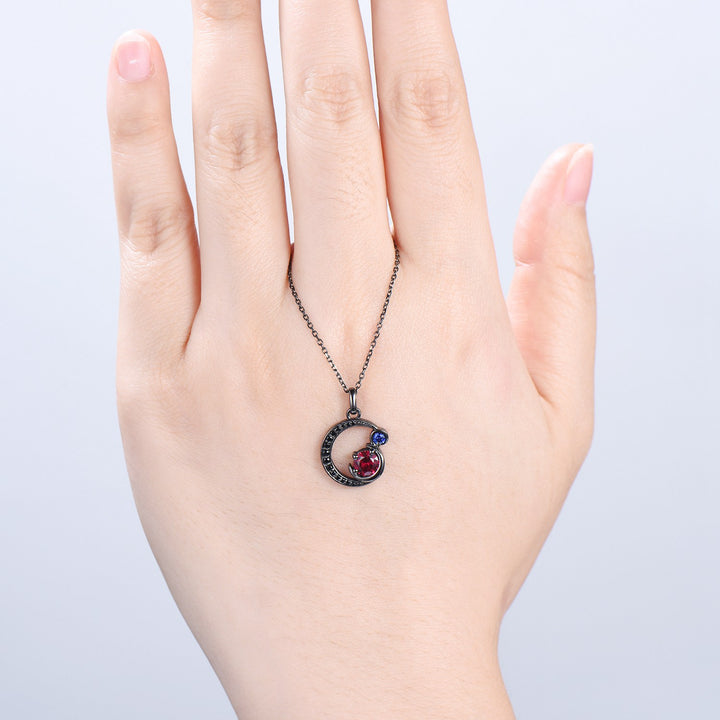 Unique Black Gold Ruby Necklace Magic Crescent Moon Ruby Sapphire Pendant Necklace Magic Crescent Moon Gothic Anniversary Gift for Daughter - PENFINE