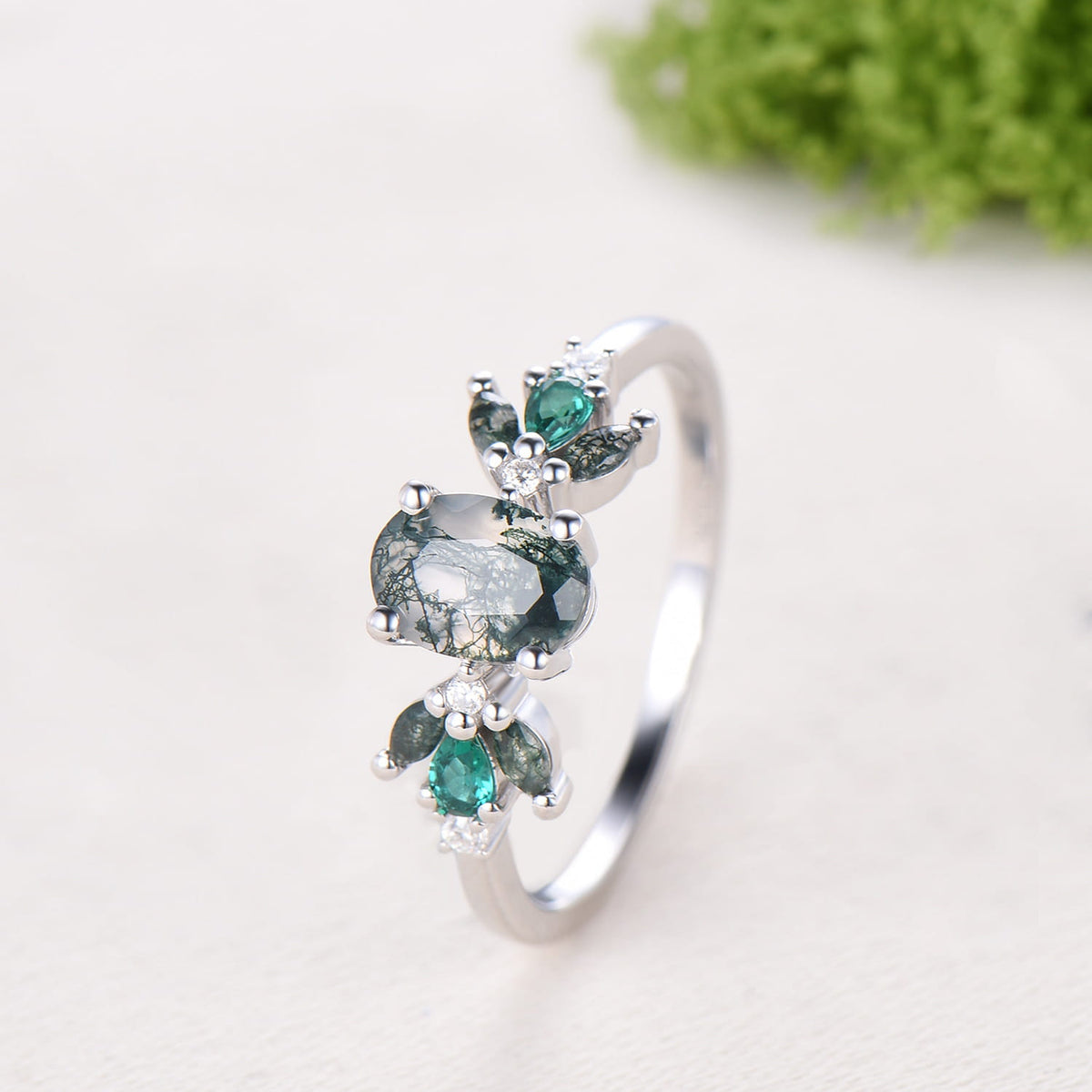1 carat Oval Vintage Moss Agate Engagement Ring Cluster Pear Emerald Ring for Women