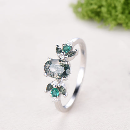 1 carat Oval Vintage Moss Agate Engagement Ring Cluster Pear Emerald Ring for Women