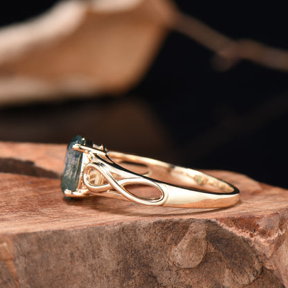 Noese Viking Moss Agate Engagement Ring, Infinite Love Solitaire, Yellow Gold