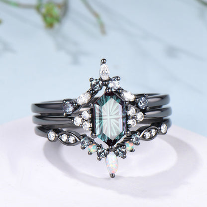 3PC Hexagon Shaped Bridal Ring Set Fantasy Cut Color-change Alexandrite 7 Stone Engagement Ring