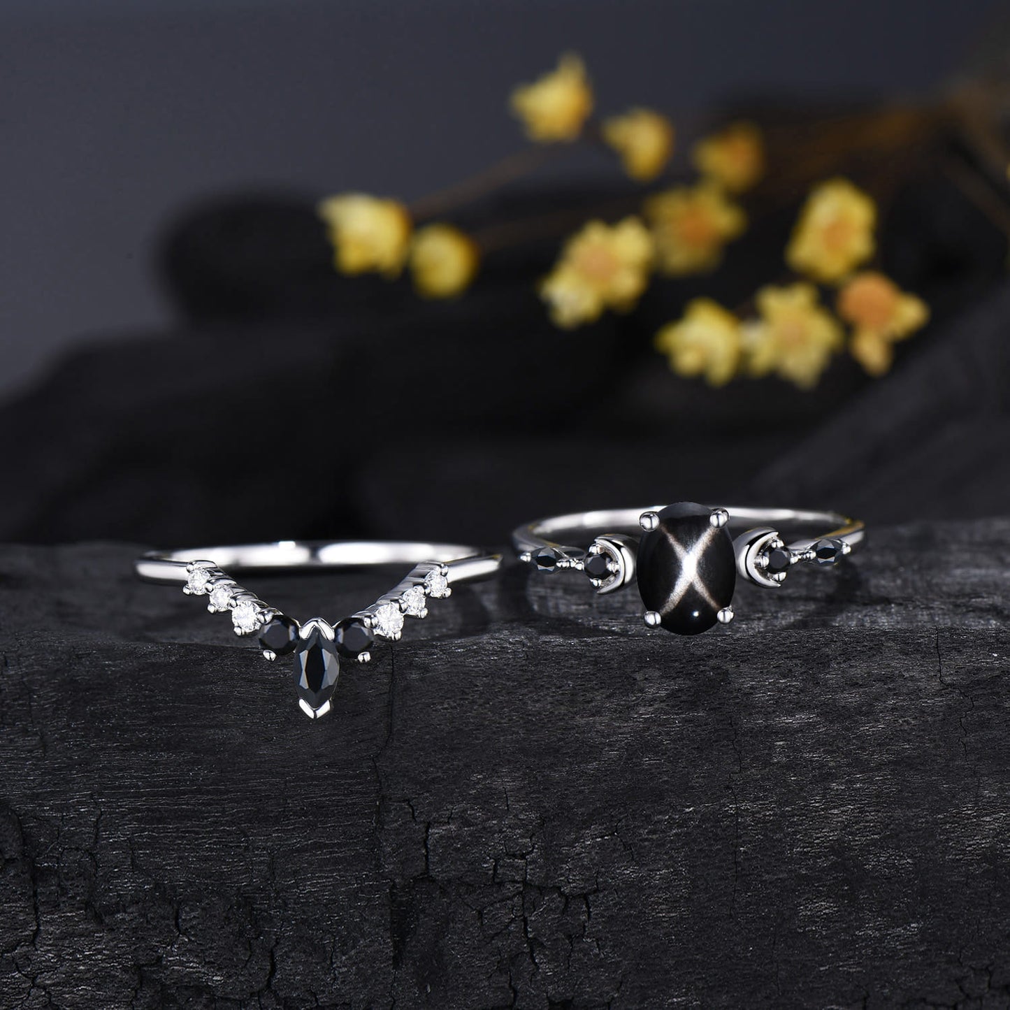 Oval Cut Black Star Sapphire Moon Celestial Wedding Ring Spinel Moissanite Band Unique Bridal Set