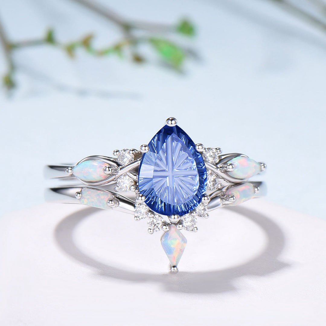 Vintage Starburst Cut Blue Sapphire Wedding Ring Set Pear Shaped July Birthstone Engagement Ring Set Unique Cluster Opal Wedding Set