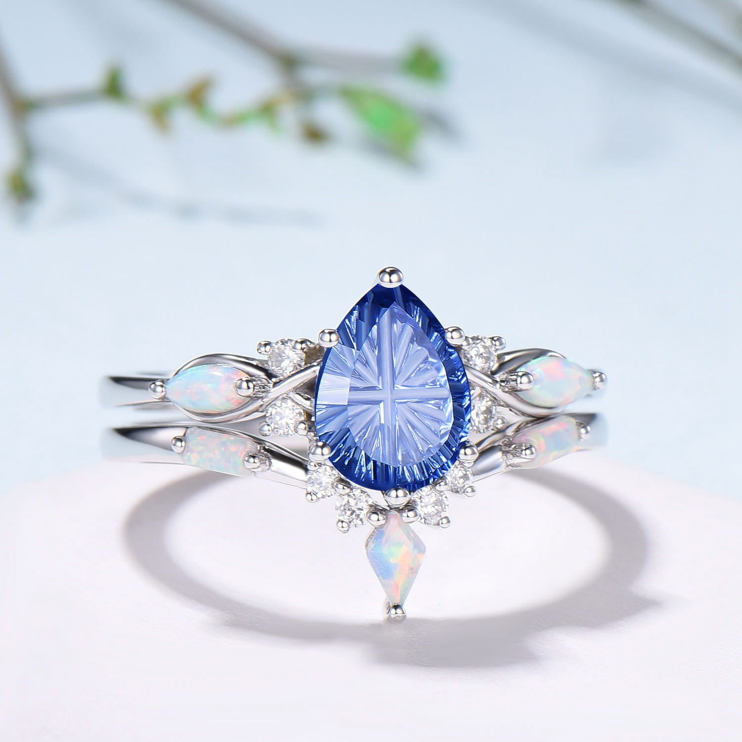 Vintage Starburst Cut Blue Sapphire Wedding Ring Set Pear Shaped July Birthstone Engagement Ring Set Unique Cluster Opal Wedding Set