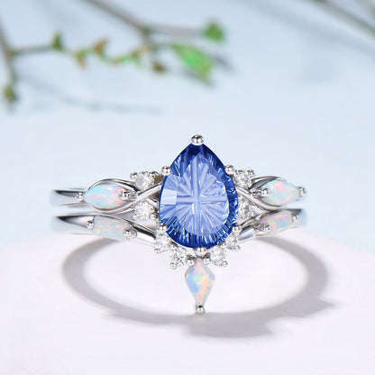 Vintage Starburst Cut Blue Sapphire Wedding Ring Set Pear Shaped July Birthstone Engagement Ring Set Unique Cluster Opal Wedding Set