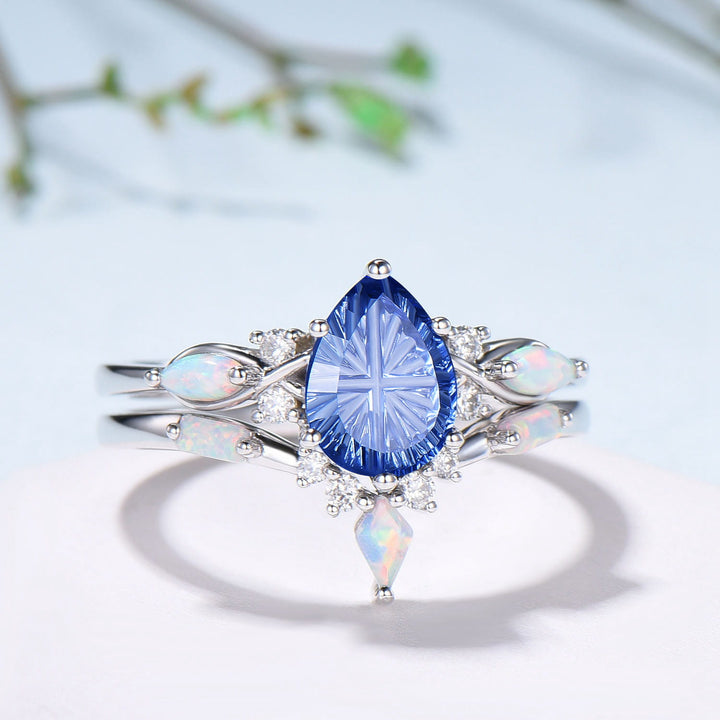 Vintage Starburst Cut Blue Sapphire Wedding Ring Set Pear Shaped July Birthstone Engagement Ring Set Unique Cluster Opal Wedding Set