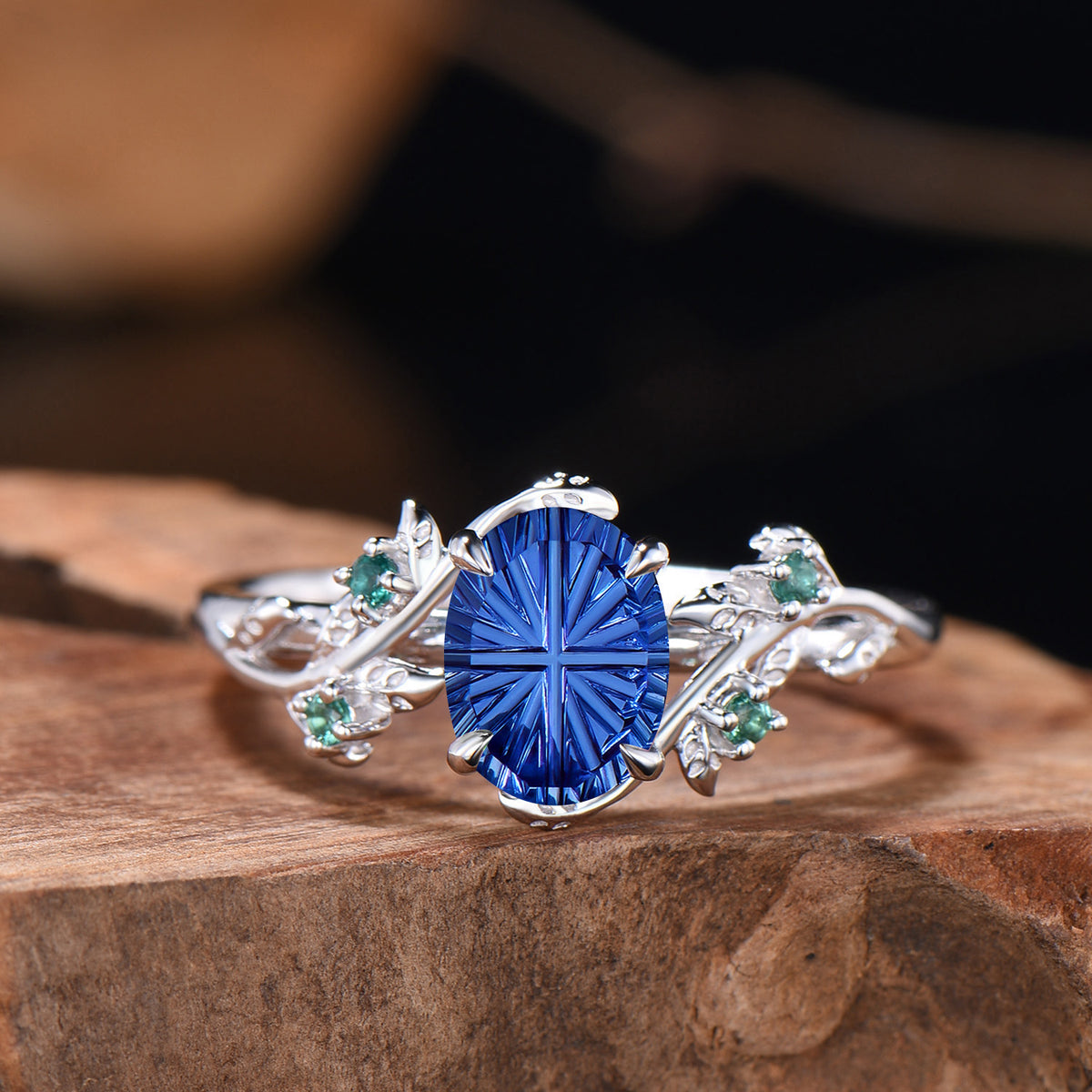 Oval Shaped Fantasy Cut Sapphire Leaf Bridal Set Emerald Nature Inspired Ring