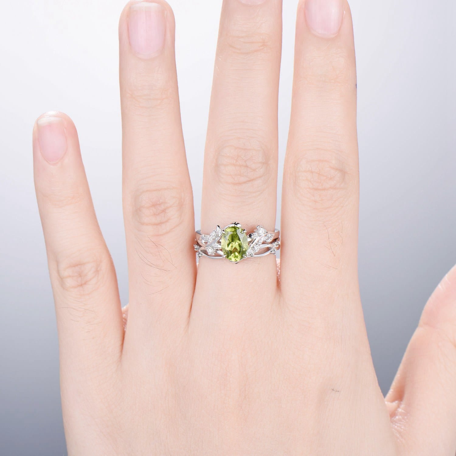 Nature inspired peridot wedding ring set Leaf peridot diamond twig engagement ring set - PENFINE