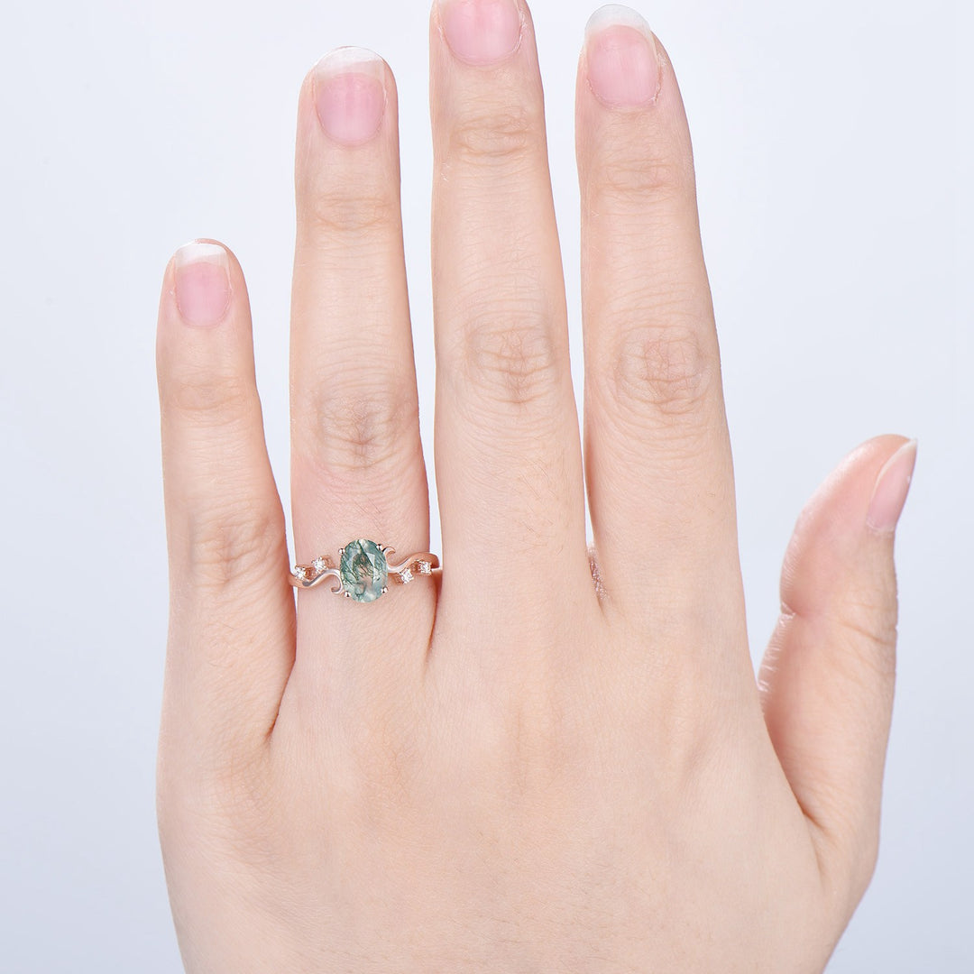 1.5CT Oval Natural Moss Agate Twist Engagement Ring Art Deco Silver Rose Gold Wedding Ring Garden Jewelry Mom's birthstone anniversary gift - PENFINE
