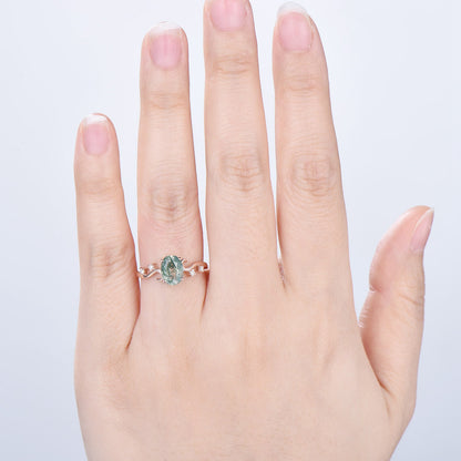 1.5CT Oval Natural Moss Agate Twist Engagement Ring Art Deco Silver Rose Gold Wedding Ring Garden Jewelry Mom's birthstone anniversary gift - PENFINE