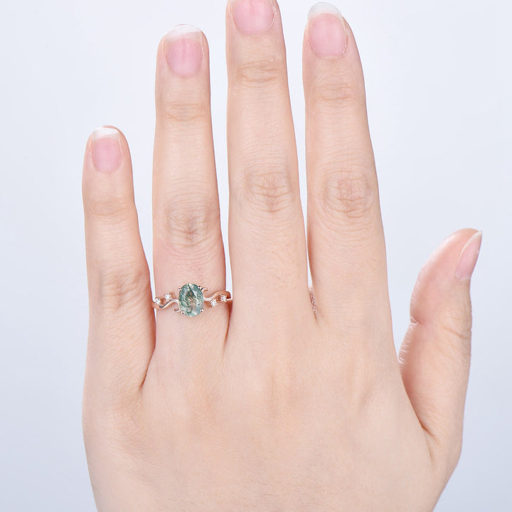 1.5CT Oval Natural Moss Agate Twist Engagement Ring Art Deco Silver Rose Gold Wedding Ring Garden Jewelry Mom's birthstone anniversary gift - PENFINE