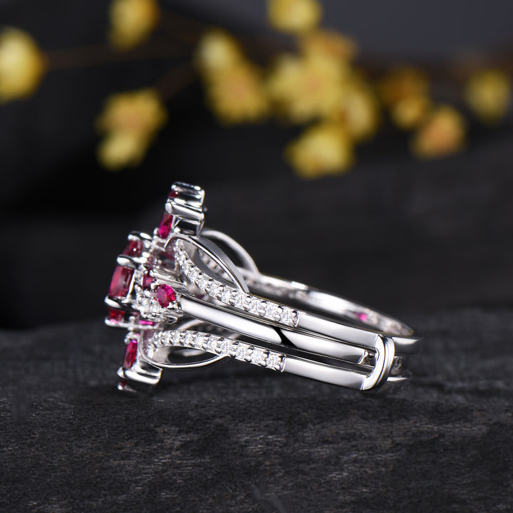 Vintage Snowdrift Ruby Engagement Ring Set: 14K White Gold Moissanite Wedding Set