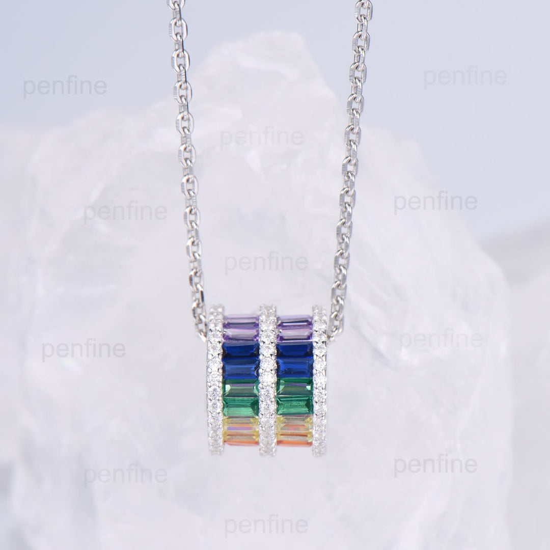 Vintage Pendant Necklace Unique Baguette Women's Personalized Rainbow Necklace Silver 14K/18K White Gold Necklace Birthday Gift - PENFINE