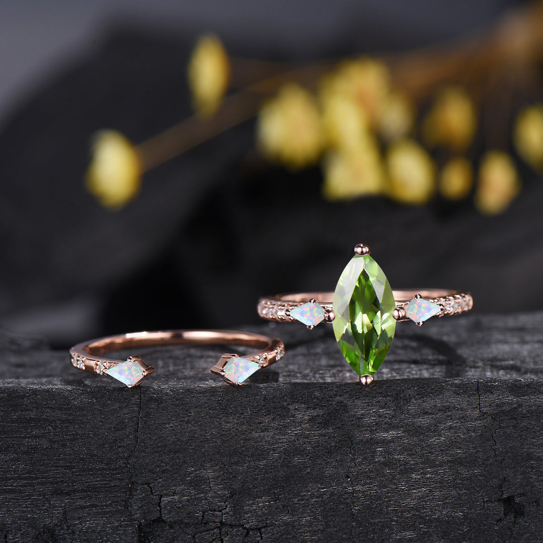 1CT Natural Marquise Cut Peridot Engagement Ring Set, Three Stone August Birthstone Opal Wedding Ring Set, Pave Diamond Stacking Band