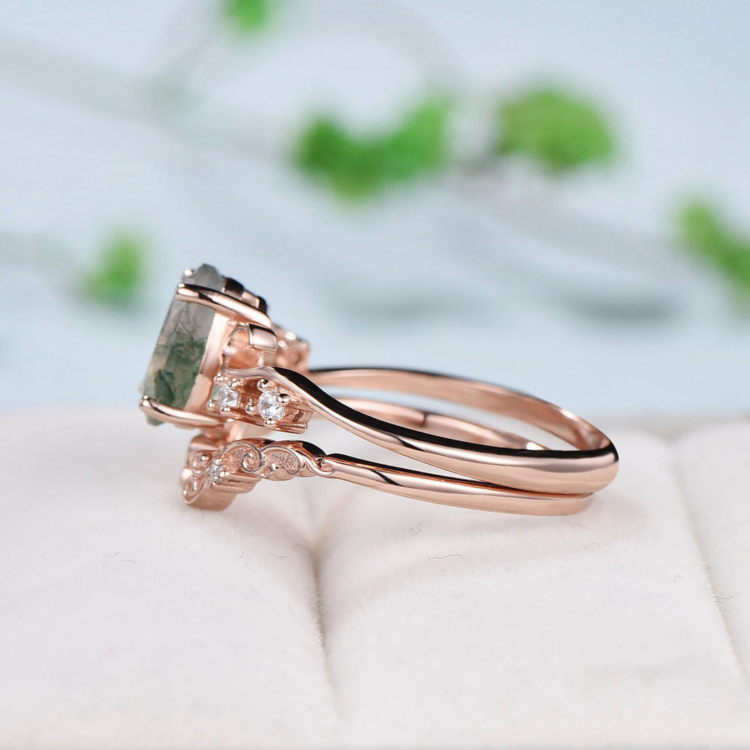 Retro Natural moss agate engagement ring set 1.5CT oval aquatic agate cluster diamond wedding ring set Vintage green crystal Proposal Gift - PENFINE