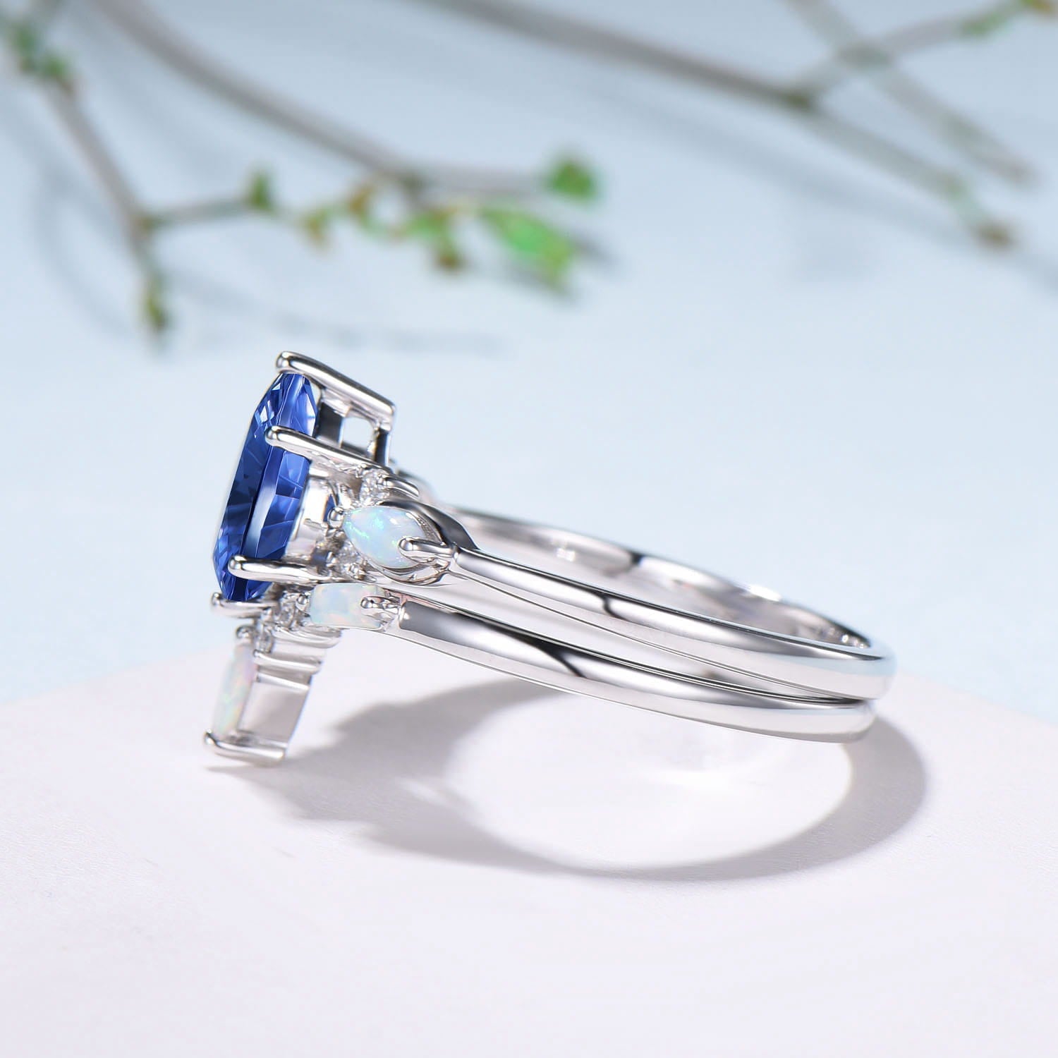 Vintage Starburst Cut Blue Sapphire Wedding Ring Set Pear Shaped July Birthstone Engagement Ring Set Unique Cluster Opal Wedding Set
