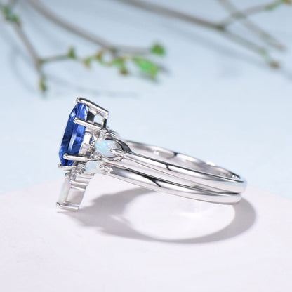 Vintage Starburst Cut Blue Sapphire Wedding Ring Set Pear Shaped July Birthstone Engagement Ring Set Unique Cluster Opal Wedding Set