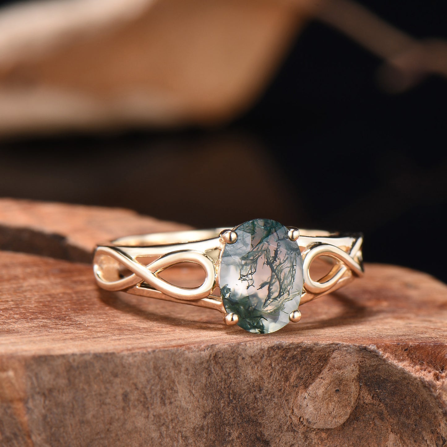 Noese Viking Moss Agate Engagement Ring, Infinite Love Solitaire, Yellow Gold