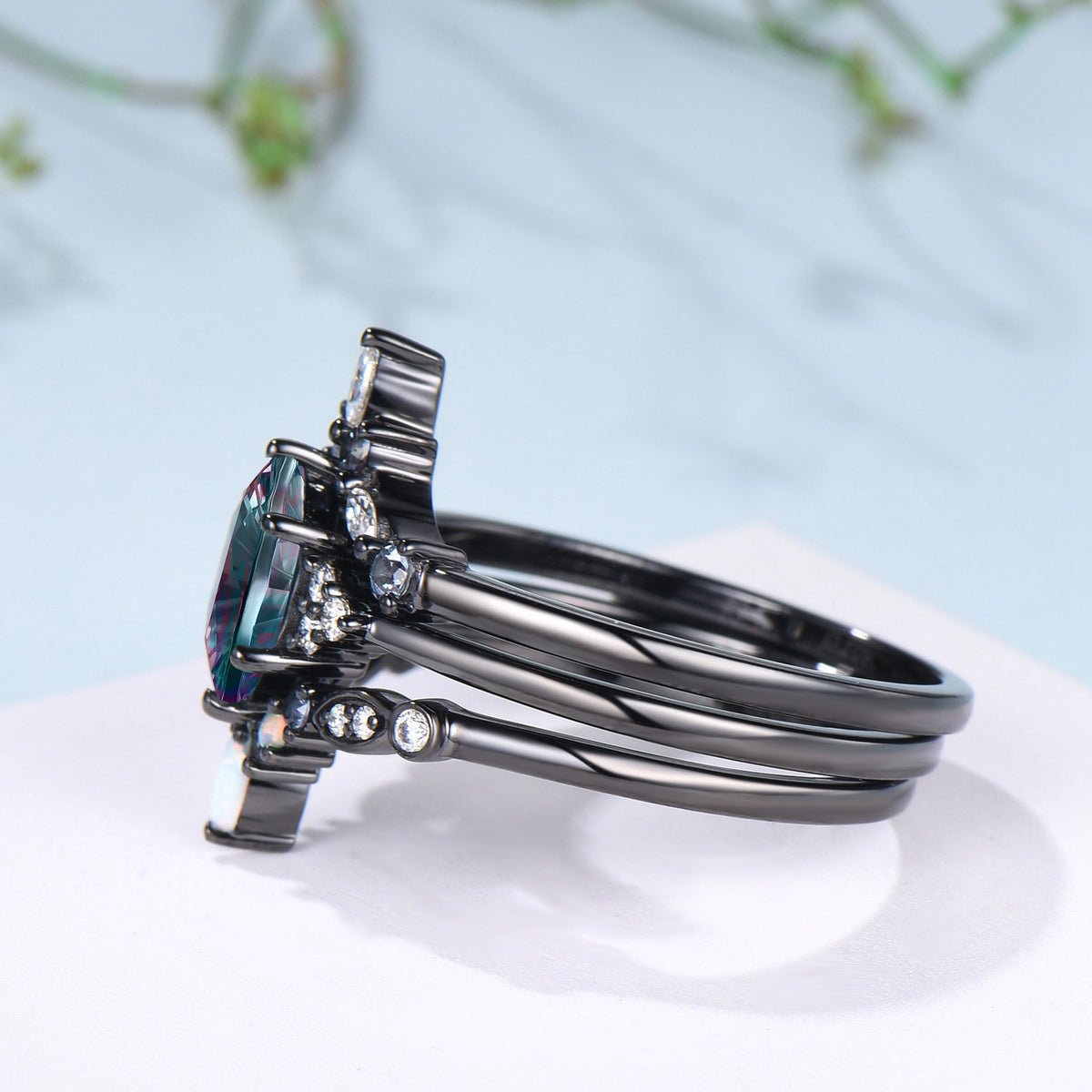 3PC Hexagon Shaped Bridal Ring Set Fantasy Cut Color-change Alexandrite 7 Stone Engagement Ring