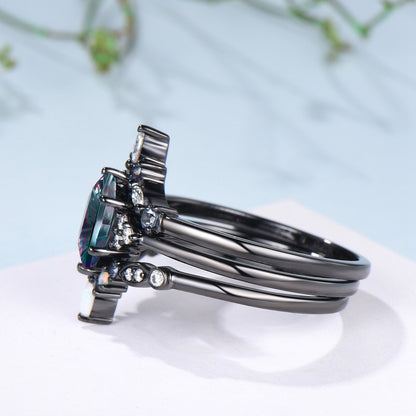 3PC Hexagon Shaped Bridal Ring Set Fantasy Cut Color-change Alexandrite 7 Stone Engagement Ring