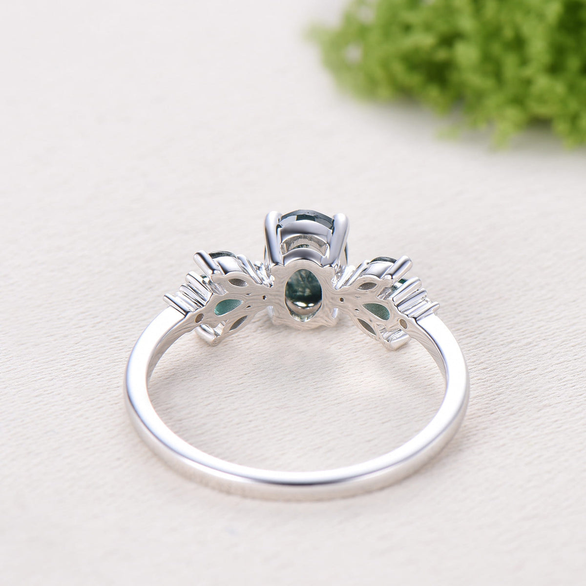 1 carat Oval Vintage Moss Agate Engagement Ring Cluster Pear Emerald Ring for Women