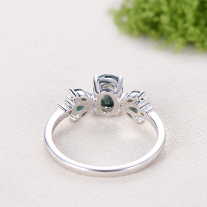 1 carat Oval Vintage Moss Agate Engagement Ring Cluster Pear Emerald Ring for Women