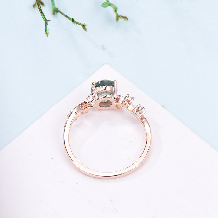 1.5CT Oval Natural Moss Agate Twist Engagement Ring Art Deco Silver Rose Gold Wedding Ring Garden Jewelry Mom's birthstone anniversary gift - PENFINE