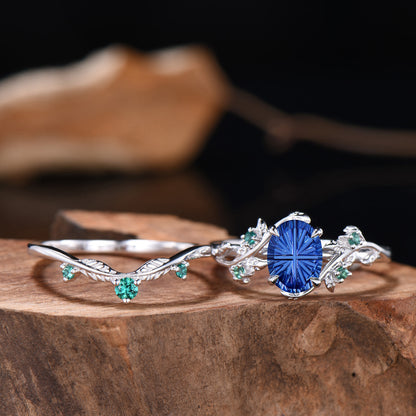 Oval Shaped Fantasy Cut Sapphire Leaf Bridal Set Emerald Nature Inspired Ring