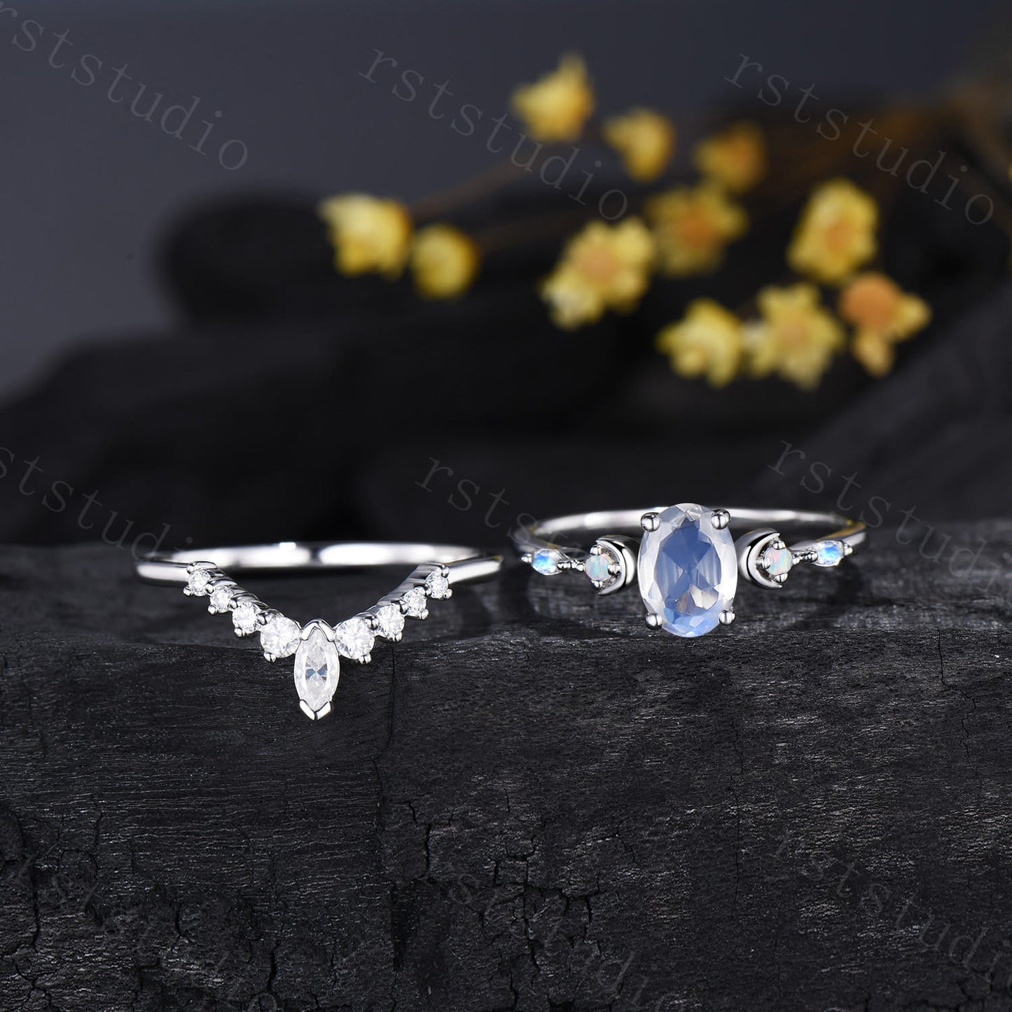 Vintage 1.5CT Oval Moonstone Engagement Ring Set Marquise Moonstone Opal Moon Wedding Ring Set Art Deco Stacking Anniversary Ring For Women
