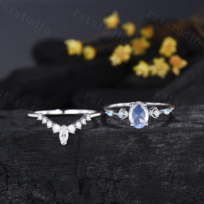 Vintage 1.5CT Oval Moonstone Engagement Ring Set Marquise Moonstone Opal Moon Wedding Ring Set Art Deco Stacking Anniversary Ring For Women