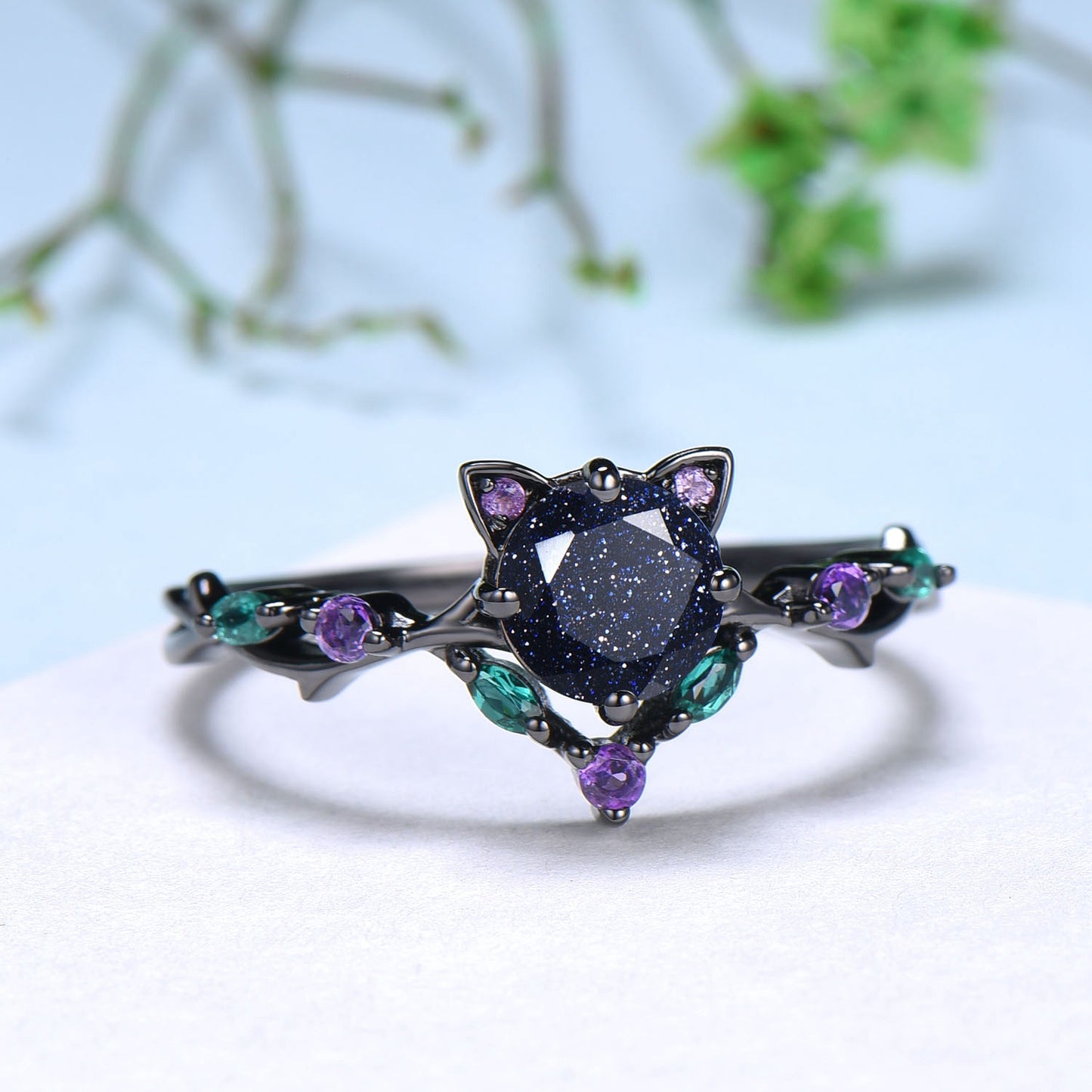 Dainty 5mm Round Blue Sandstone Ring Vintage Galaxy Starry Engagement Ring Black Gold Cat Promise Ring Marquise Emerald Wedding Ring for Her - PENFINE