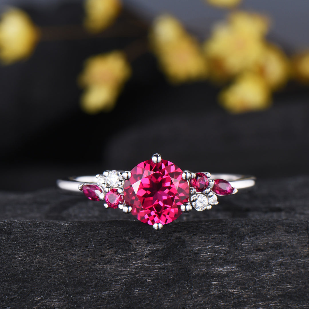 Vintage Snowdrift Ruby Engagement Ring Set: 14K White Gold Moissanite Wedding Set