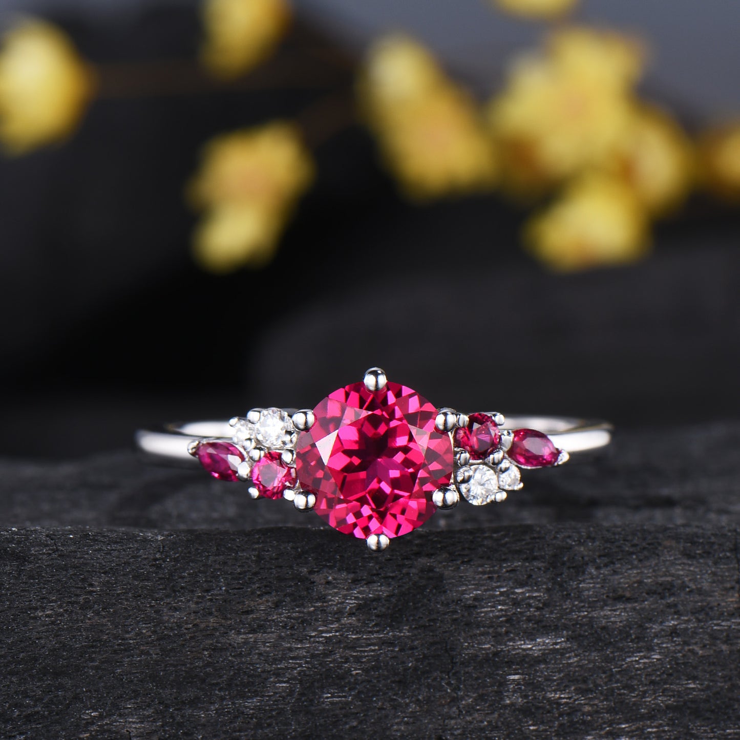 Vintage Snowdrift Ruby Engagement Ring Set: 14K White Gold Moissanite Wedding Set