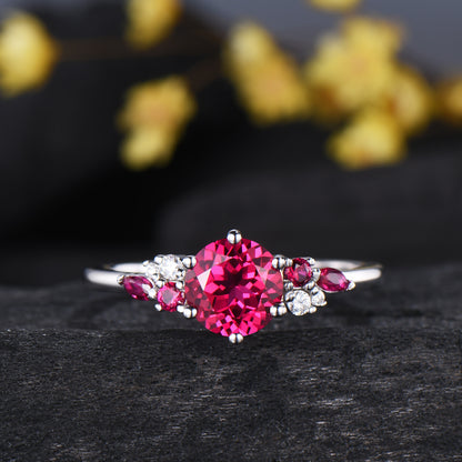 Vintage Snowdrift Ruby Engagement Ring Set: 14K White Gold Moissanite Wedding Set