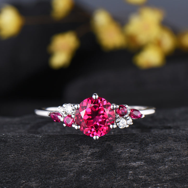 Vintage Snowdrift Ruby Engagement Ring Set: 14K White Gold Moissanite Wedding Set