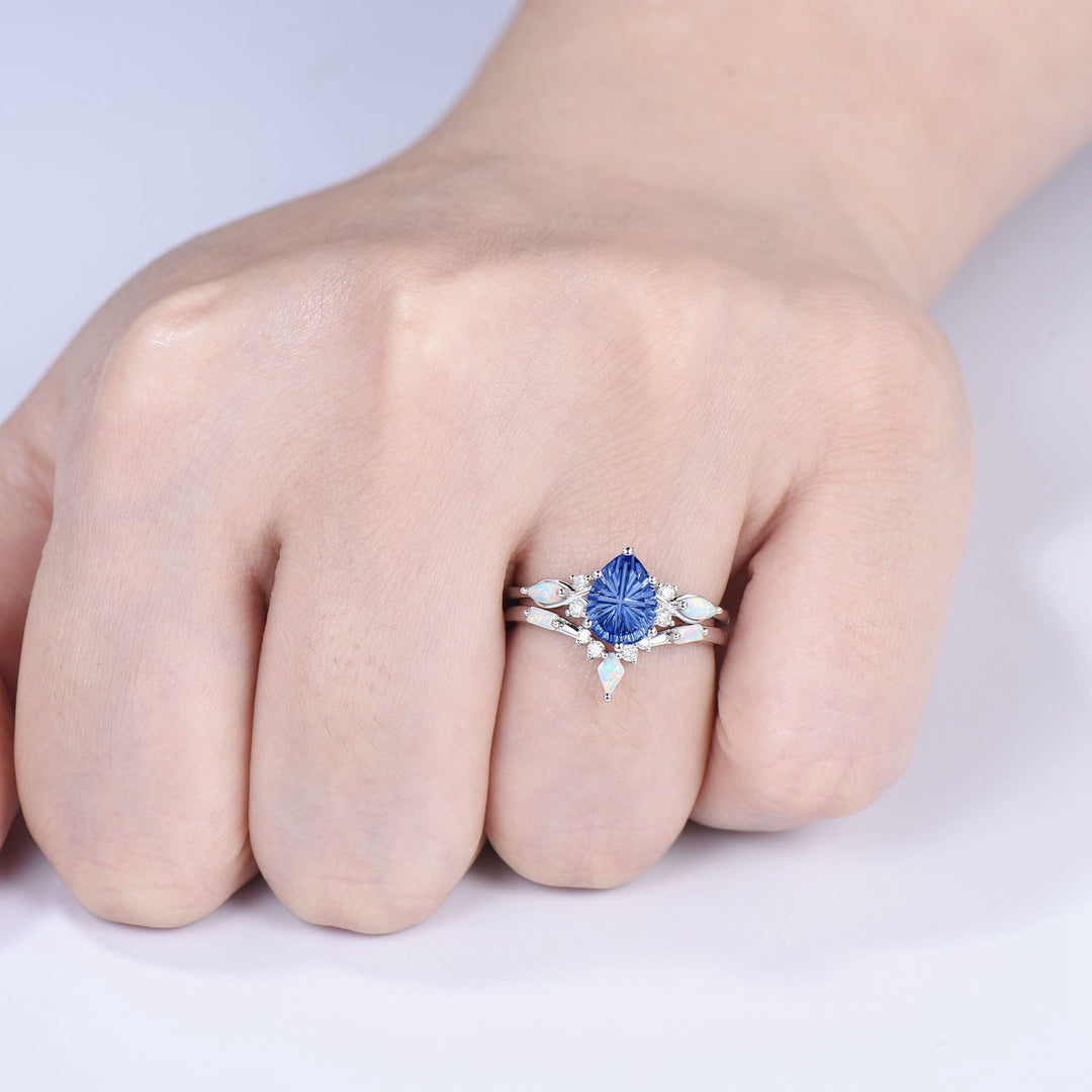 Vintage Starburst Cut Blue Sapphire Wedding Ring Set Pear Shaped July Birthstone Engagement Ring Set Unique Cluster Opal Wedding Set