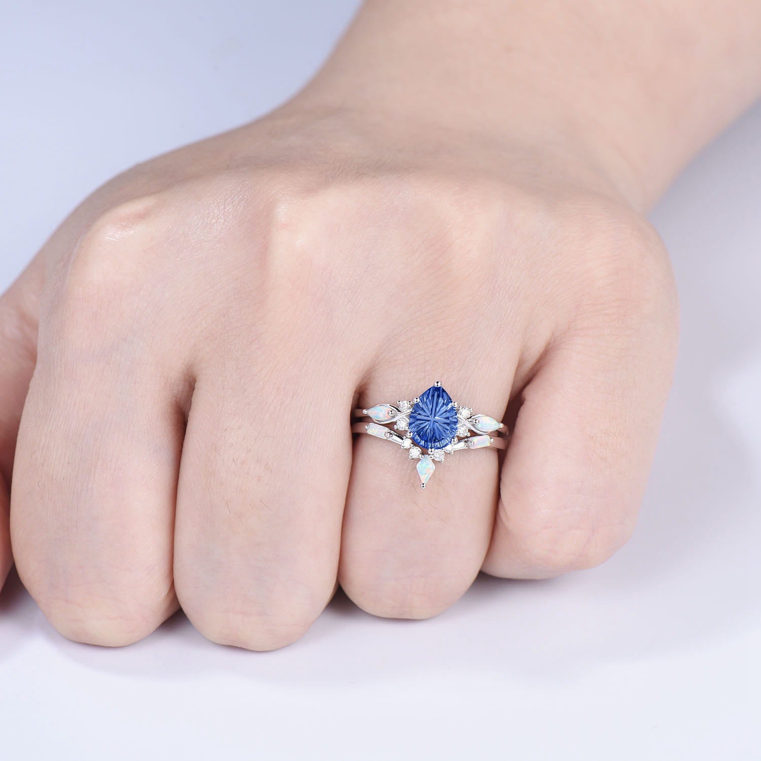 Vintage Starburst Cut Blue Sapphire Wedding Ring Set Pear Shaped July Birthstone Engagement Ring Set Unique Cluster Opal Wedding Set