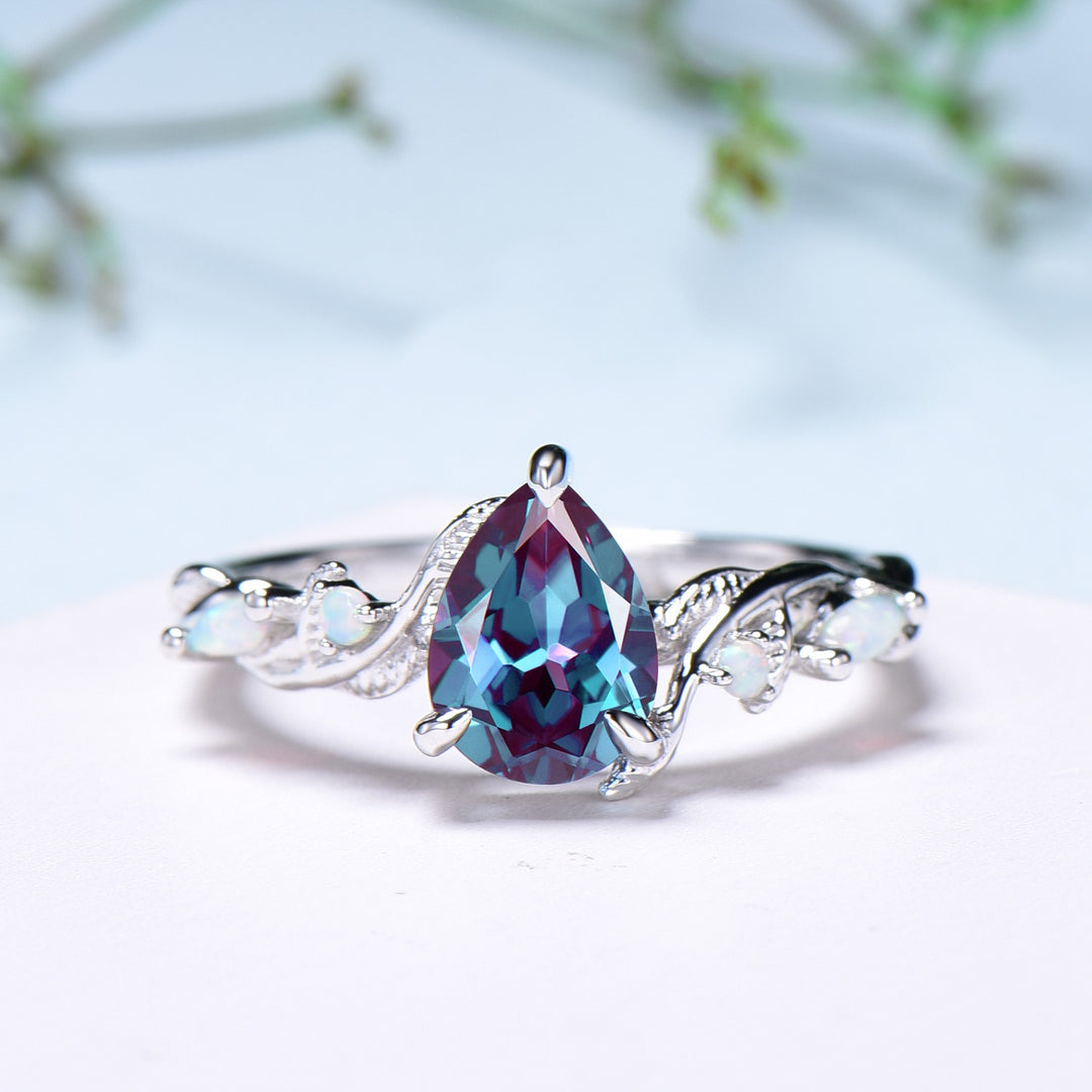 Unique Alexandrite Engagement Ring Set Infinity Opal Emerald Celtic Norse Viking Bridal Ring Set Art Deco Color Change Anniversary Ring - PENFINE