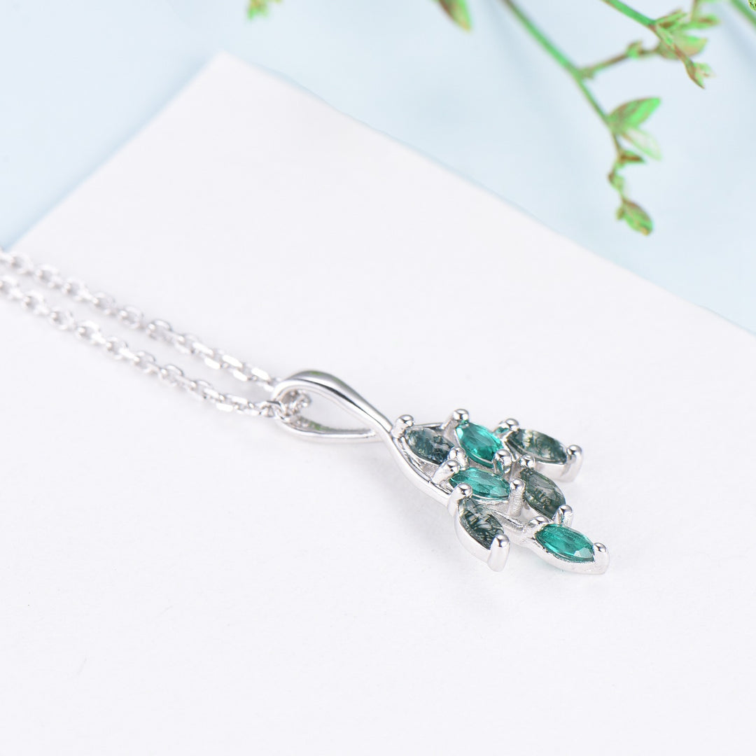 Vintage Moss Agate Necklace Unique Marquise Green Agate Leaf Style Pendant Dainty Branch Guard Emerald Pendant Unique Anniversary gift women - PENFINE