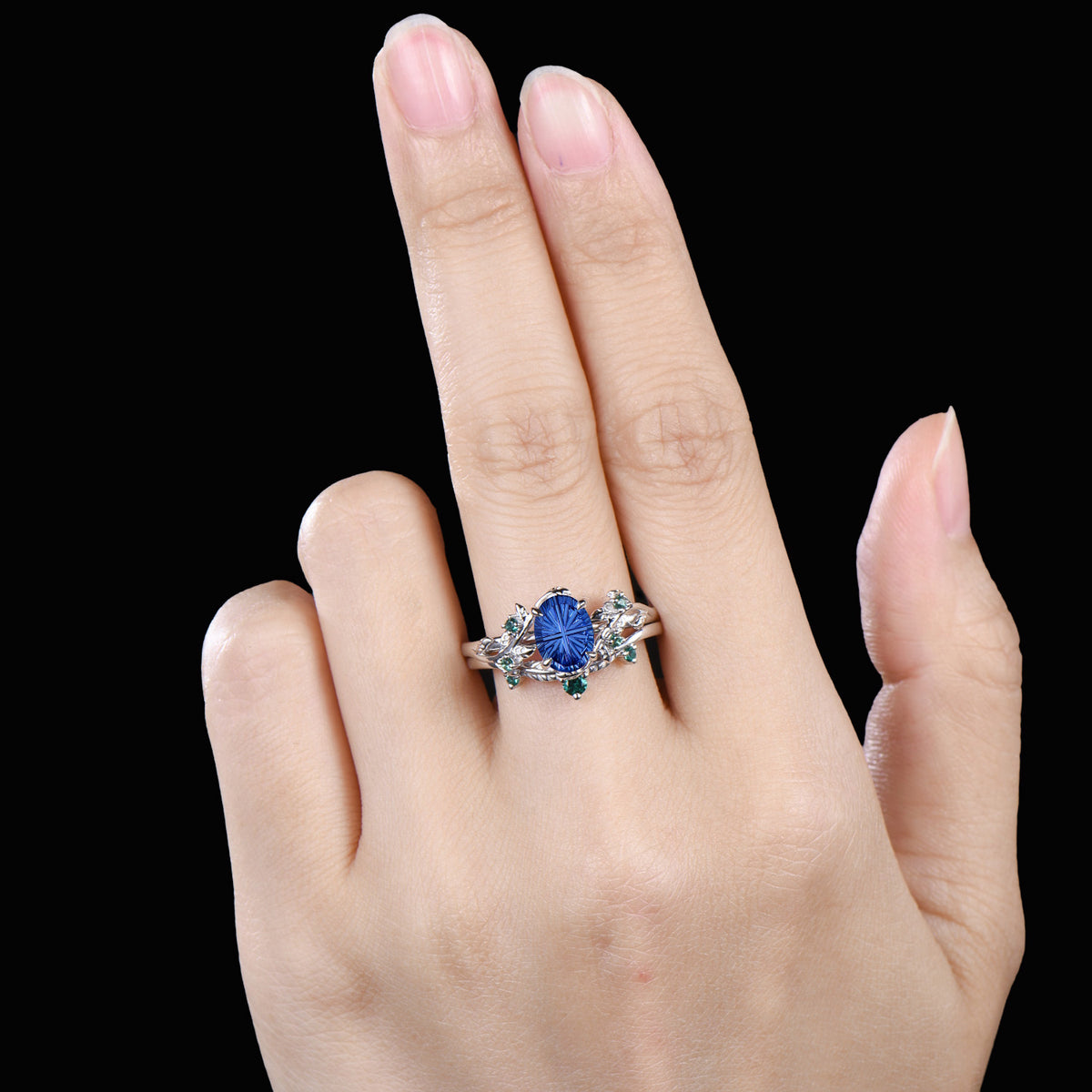 Oval Shaped Fantasy Cut Sapphire Leaf Bridal Set Emerald Nature Inspired Ring