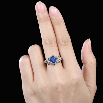 Oval Shaped Fantasy Cut Sapphire Leaf Bridal Set Emerald Nature Inspired Ring