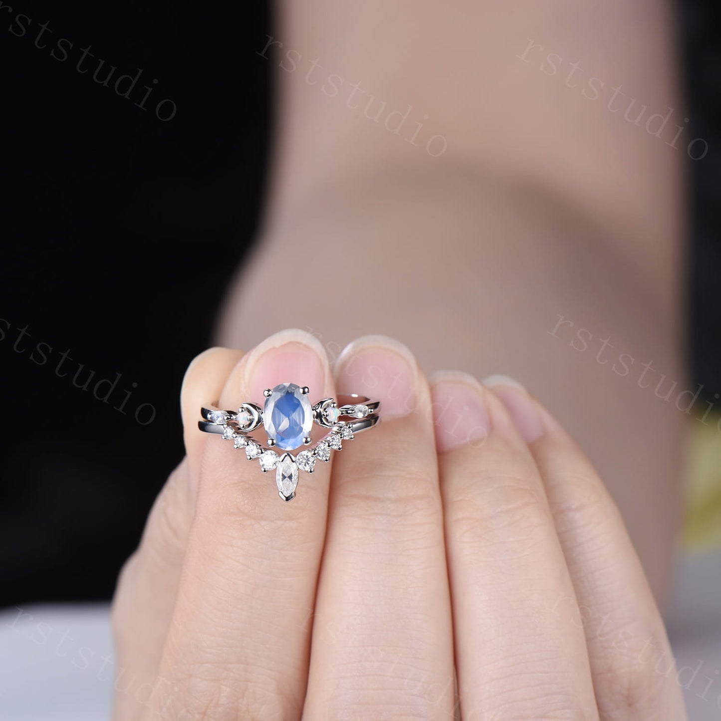 Vintage 1.5CT Oval Moonstone Engagement Ring Set Marquise Moonstone Opal Moon Wedding Ring Set Art Deco Stacking Anniversary Ring For Women